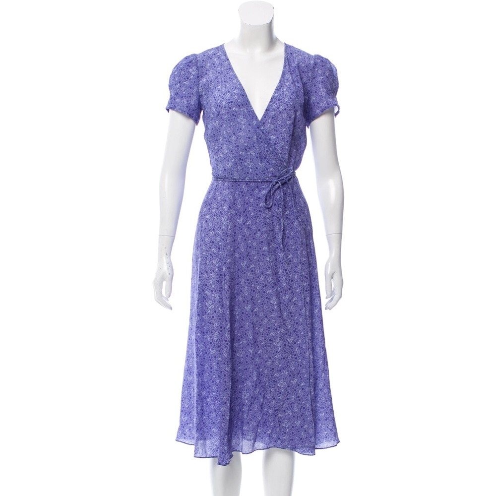 Realisation Par Teale Floral Silk Short Sleeve Tie Waist Wrap Midi Dress Purple - Picture 2 of 12